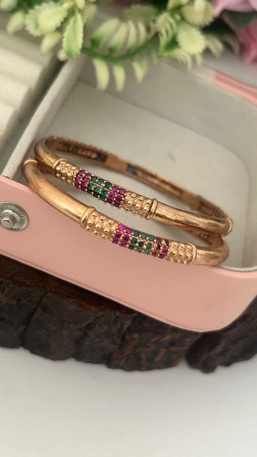 Classic Unpolished Panchaloha Bangles 2-Piece Set with Ruby & Green Stones