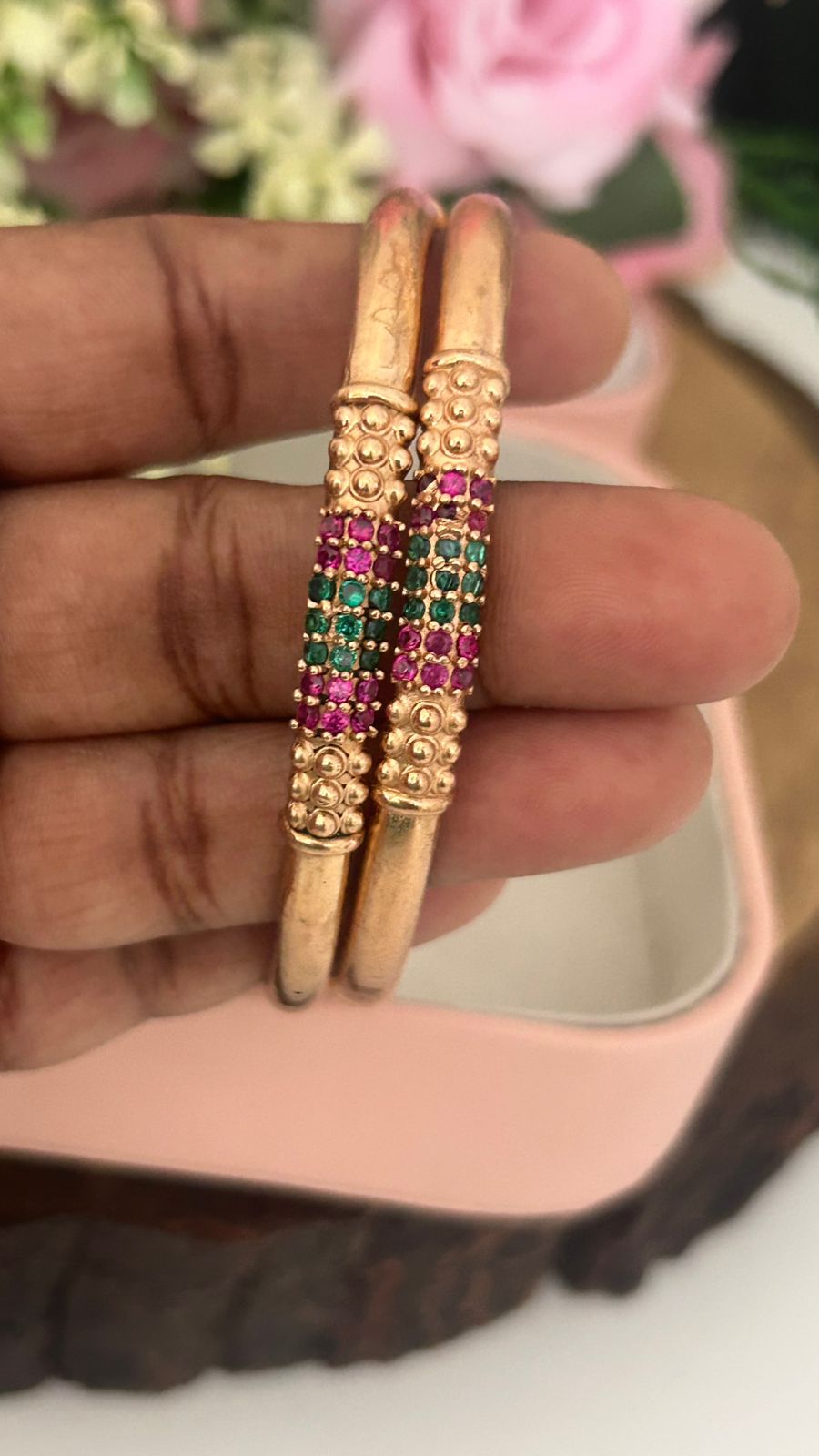 Classic Unpolished Panchaloha Bangles 2-Piece Set with Ruby & Green Stones