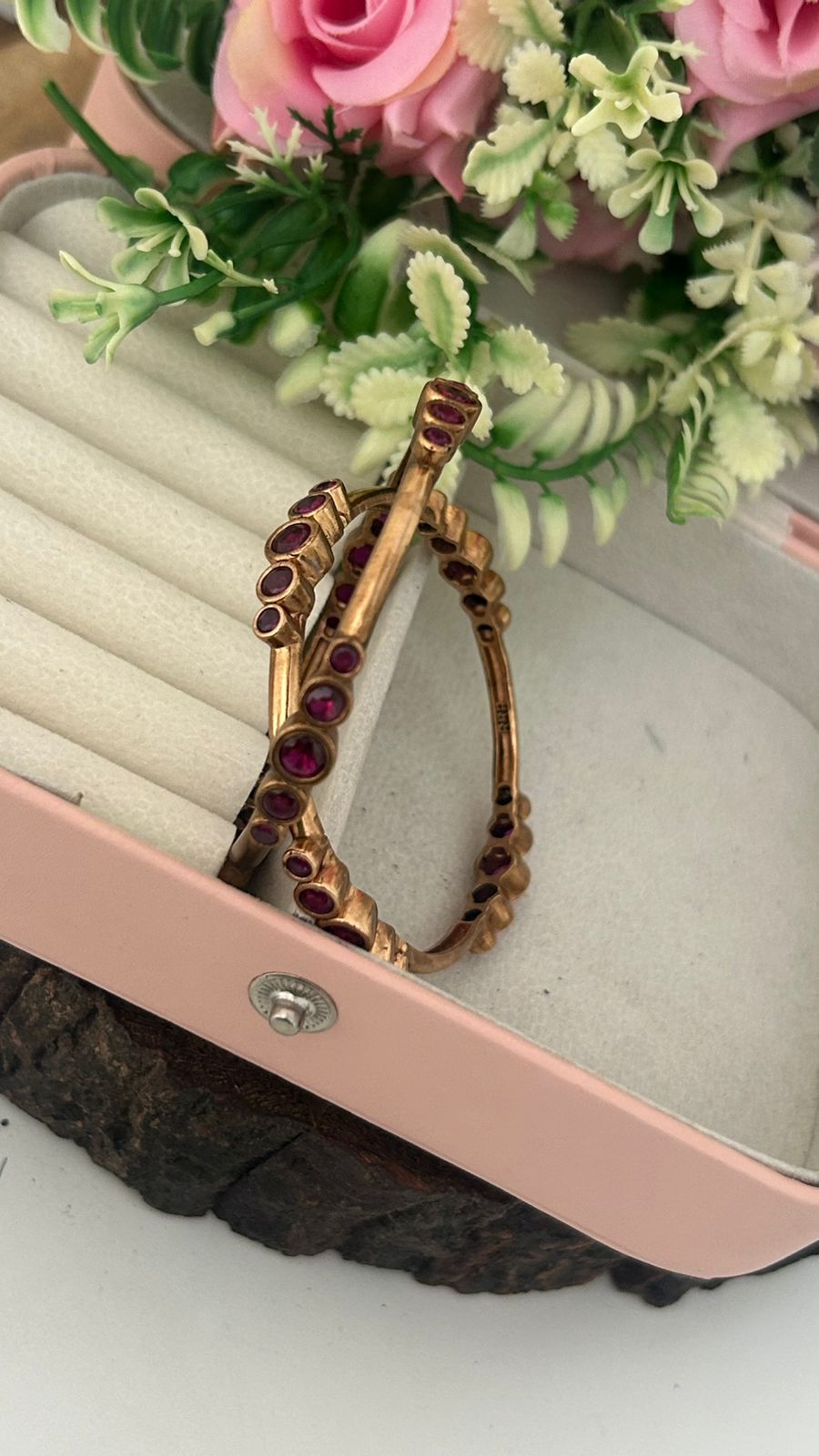 Antique Unpolished Panchaloha Bangles Pair of 2 | Ruby Stone Classic Finish