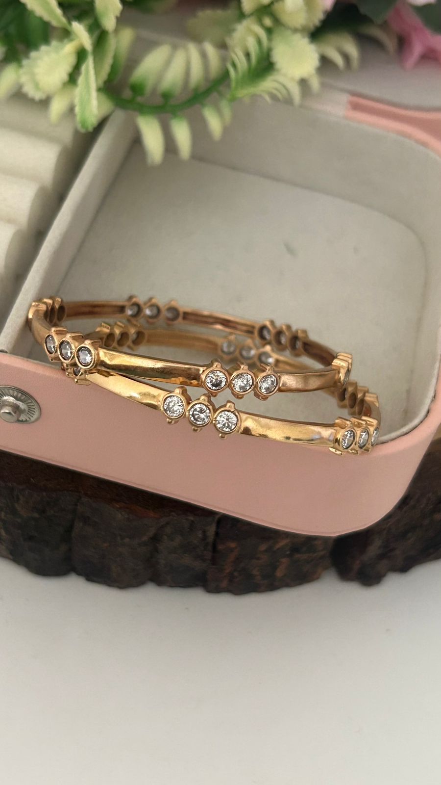 Unpolished Panchaloha Bangles – Pair of 2 with Sparkling White Stones