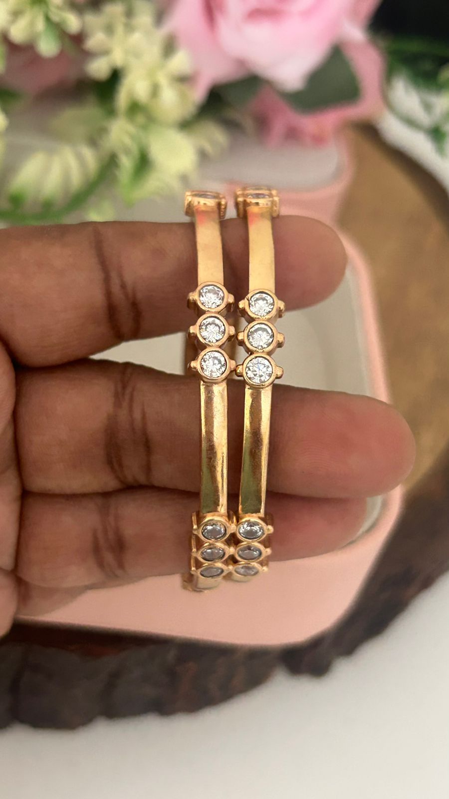 Unpolished Panchaloha Bangles – Pair of 2 with Sparkling White Stones