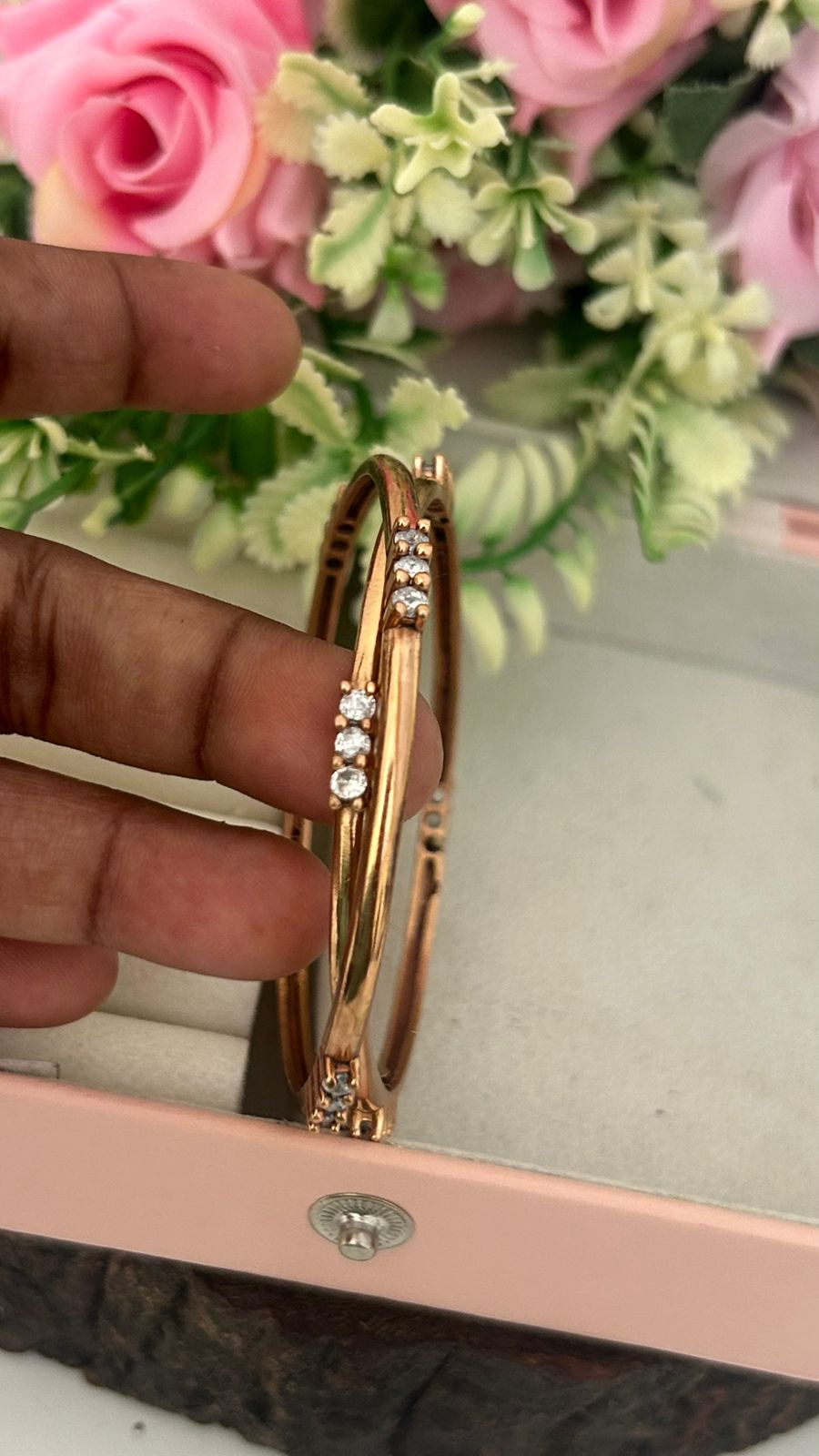 Antique Unpolished Panchaloha Bangles – Elegant Minimal white Stone Work (Pair of 2)