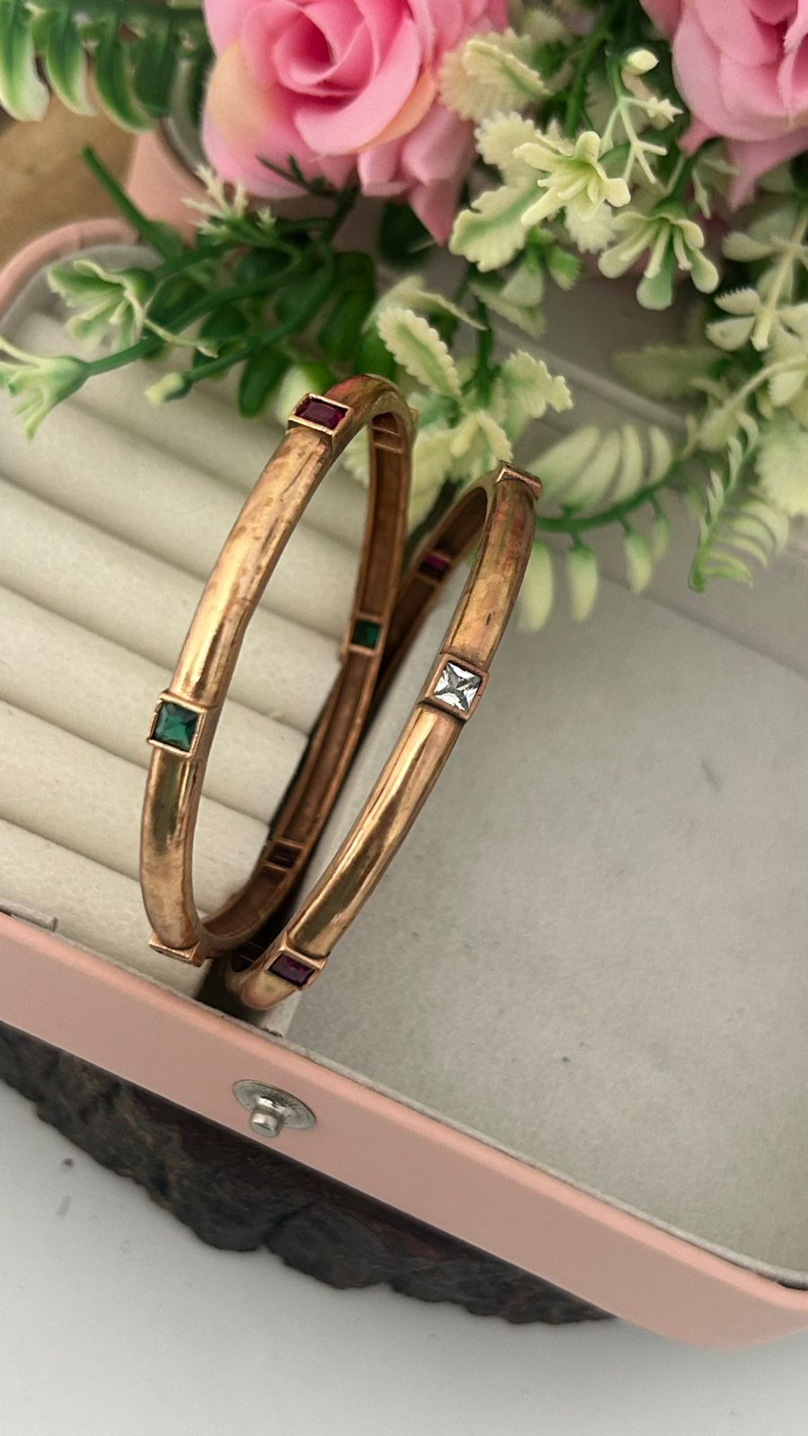 Unpolished Panchaloha Bangles Pair of 2 – Square Ruby & Emerald Stone Antique Design
