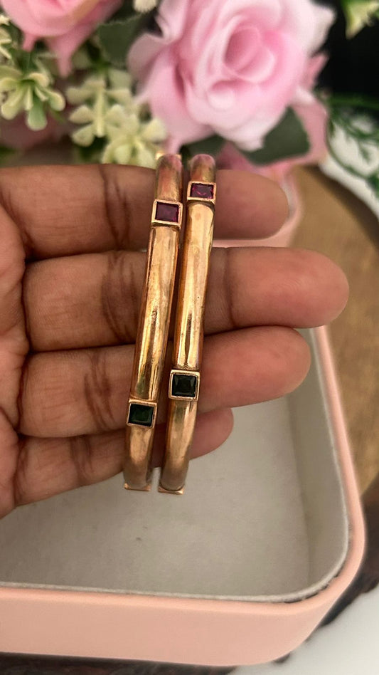Unpolished Panchaloha Bangles Pair of 2 – Square Ruby & Emerald Stone Antique Design