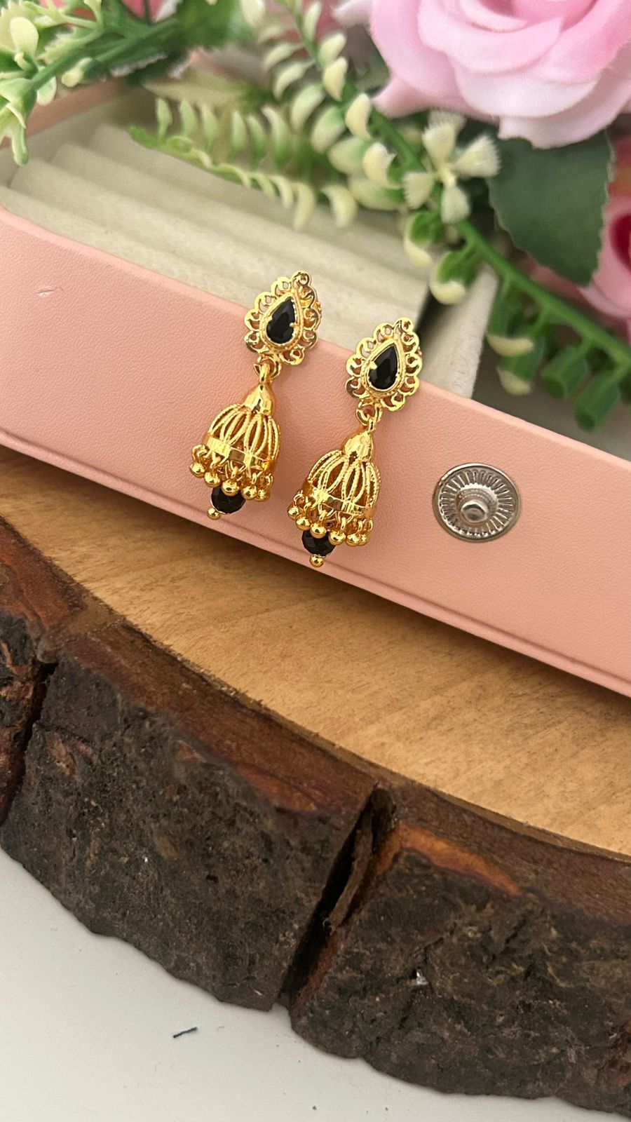 Traditional South Indian Screw-Back Earrings with Black & Red Stone Work