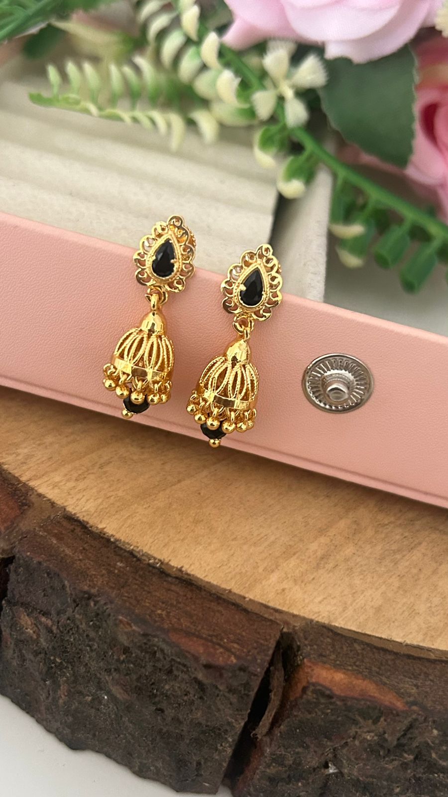 Traditional South Indian Screw-Back Earrings with Black & Red Stone Work