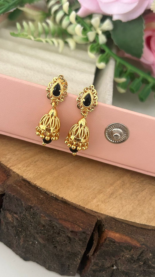 Traditional South Indian Screw-Back Earrings with Black & Red Stone Work