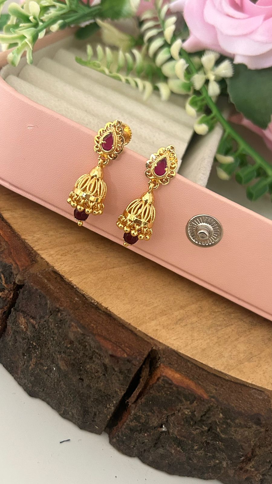 Traditional South Indian Screw-Back Earrings with Black & Red Stone Work