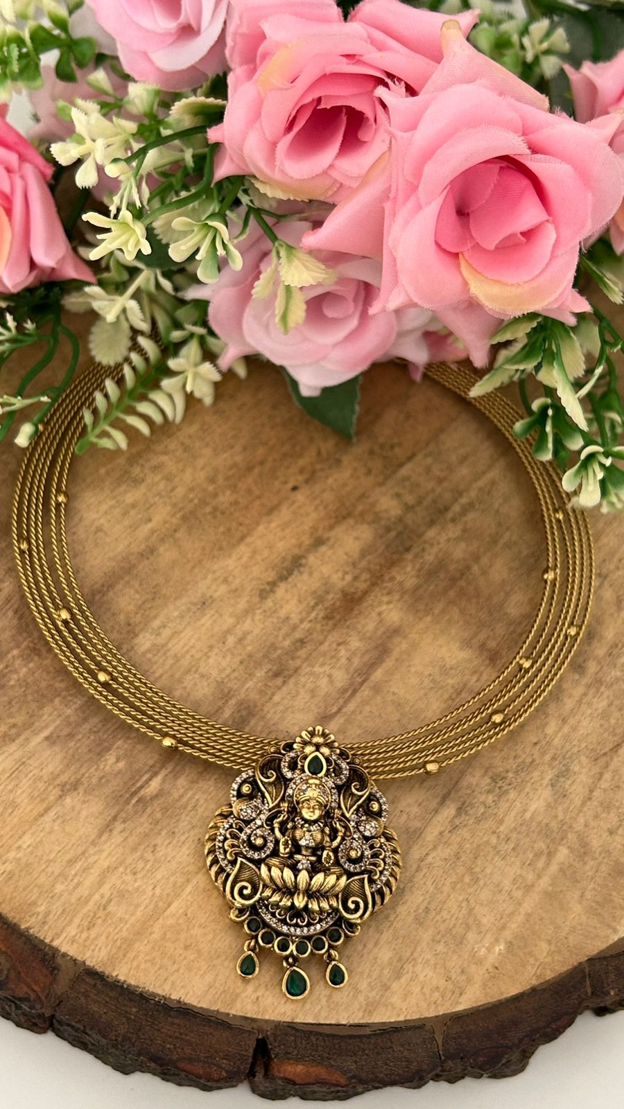 Handcrafted Temple Style Kante | Lakshmi Motif Necklace with Green Stone Drops