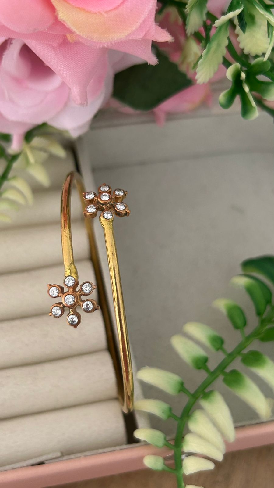 “Unpolished Panchaloham Flower Kada with white Stones | Traditional Open Bangle”