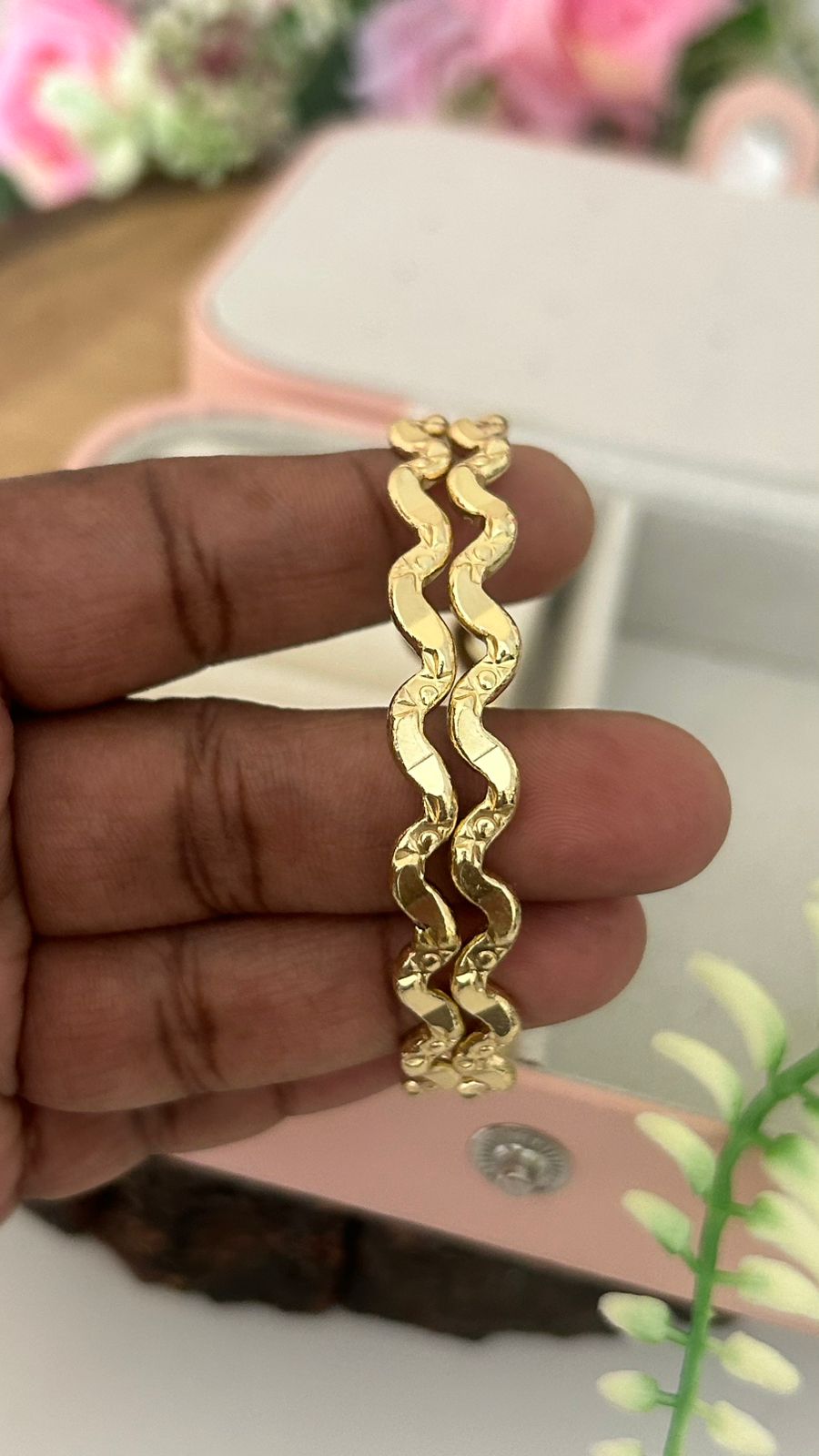 Unpolished Panchaloham Wave Bangles Set of 2 – Elegant Handcrafted Textured Design