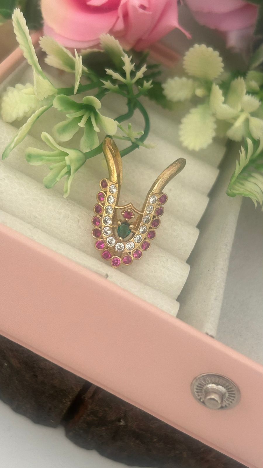 Panchaloham Vanki Finger Ring with Ruby, Emerald & white Stones