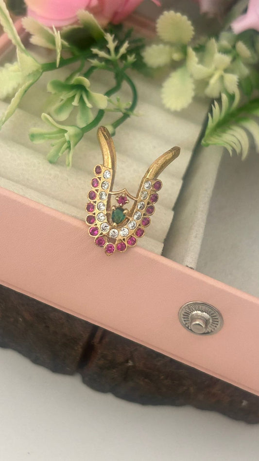 Panchaloham Vanki Finger Ring with Ruby, Emerald & white Stones