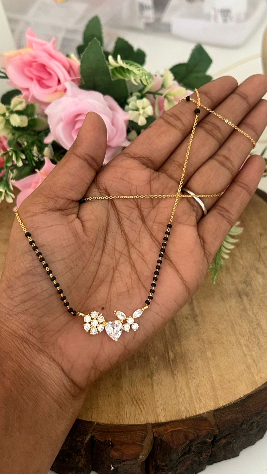 Modern Black Beads Mangalsutra – Crystal Flower Pendant Design
