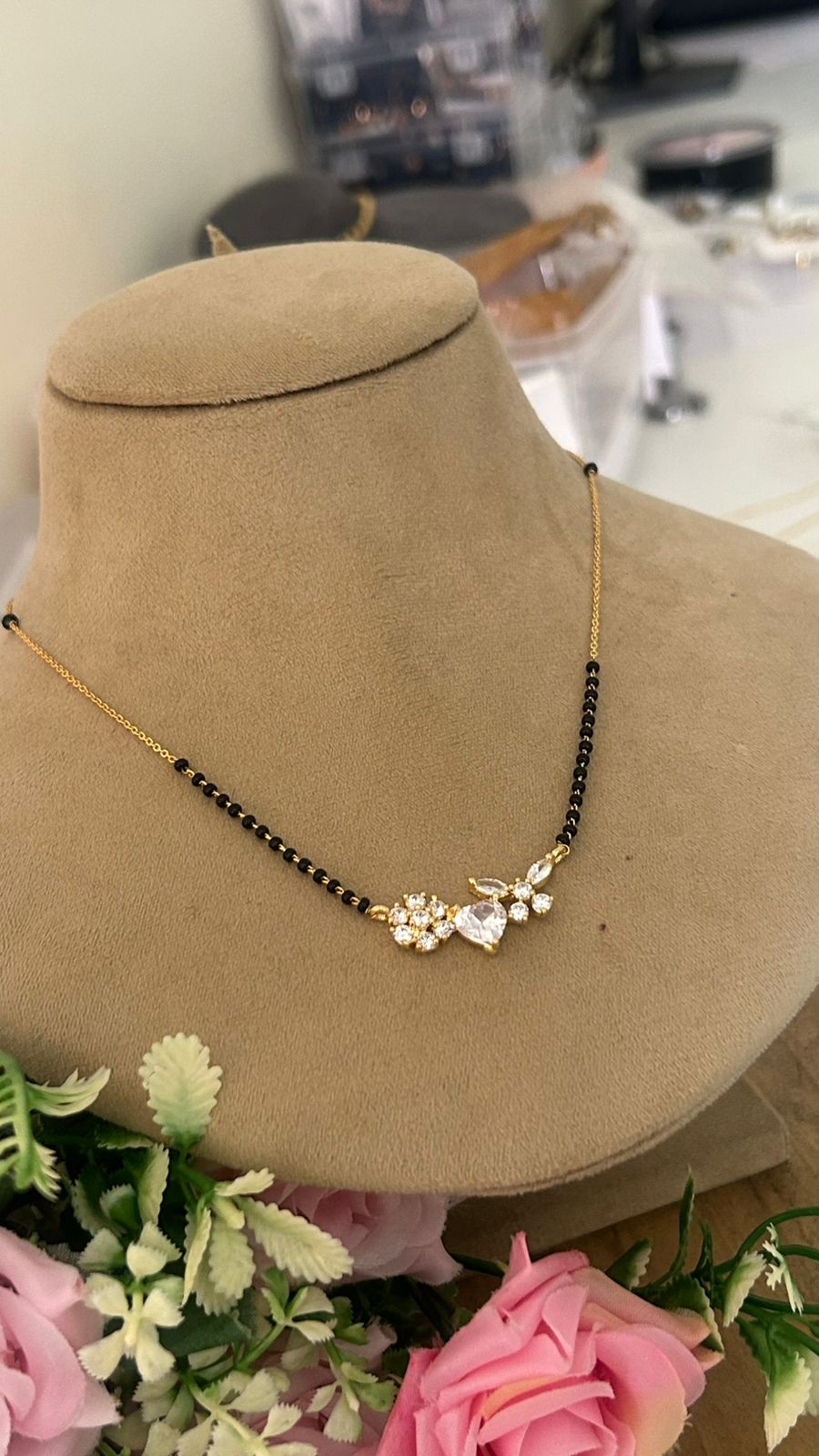 Modern Black Beads Mangalsutra – Crystal Flower Pendant Design