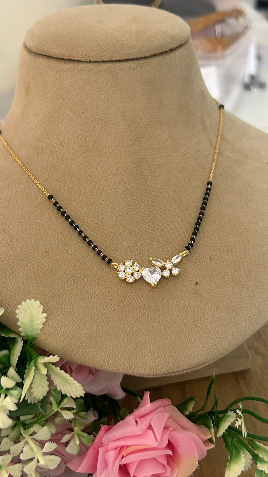 Modern Black Beads Mangalsutra – Crystal Flower Pendant Design