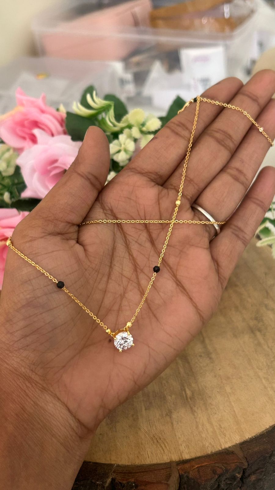 Minimal Black Beads Chain with Solitaire Pendant – Elegant Daily Wear