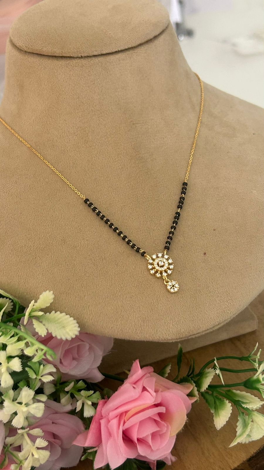 Lightweight Floral CZ Mangalsutra Pendant with Black Bead Chain