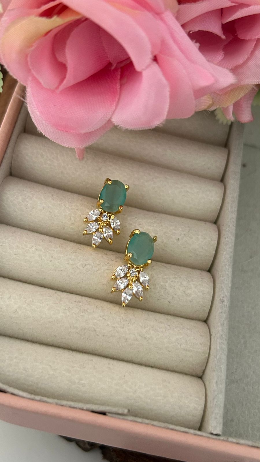 Mint Green Oval Stone Stud Earrings with CZ Leaf Drops – Gold Finish