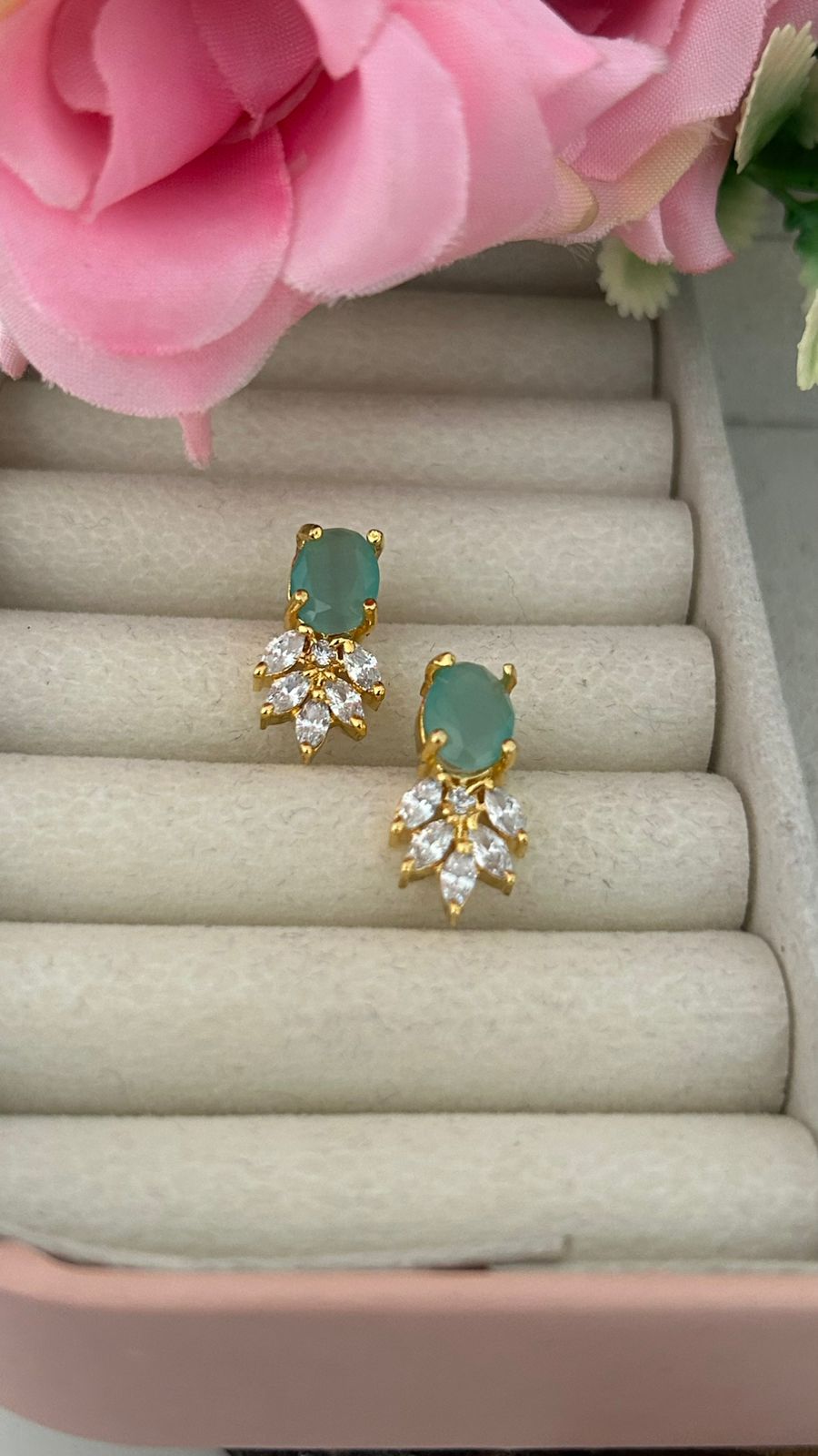 Mint Green Oval Stone Stud Earrings with CZ Leaf Drops – Gold Finish