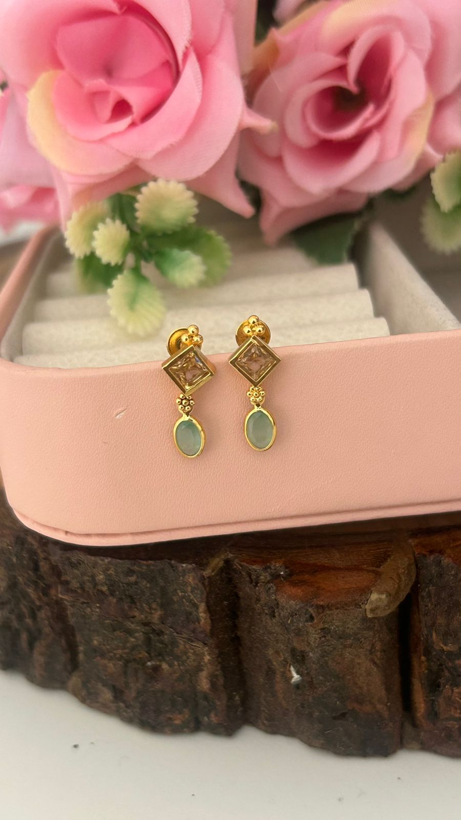 Square Top &  Green Oval Drop Screwback Earrings – Gold Plated