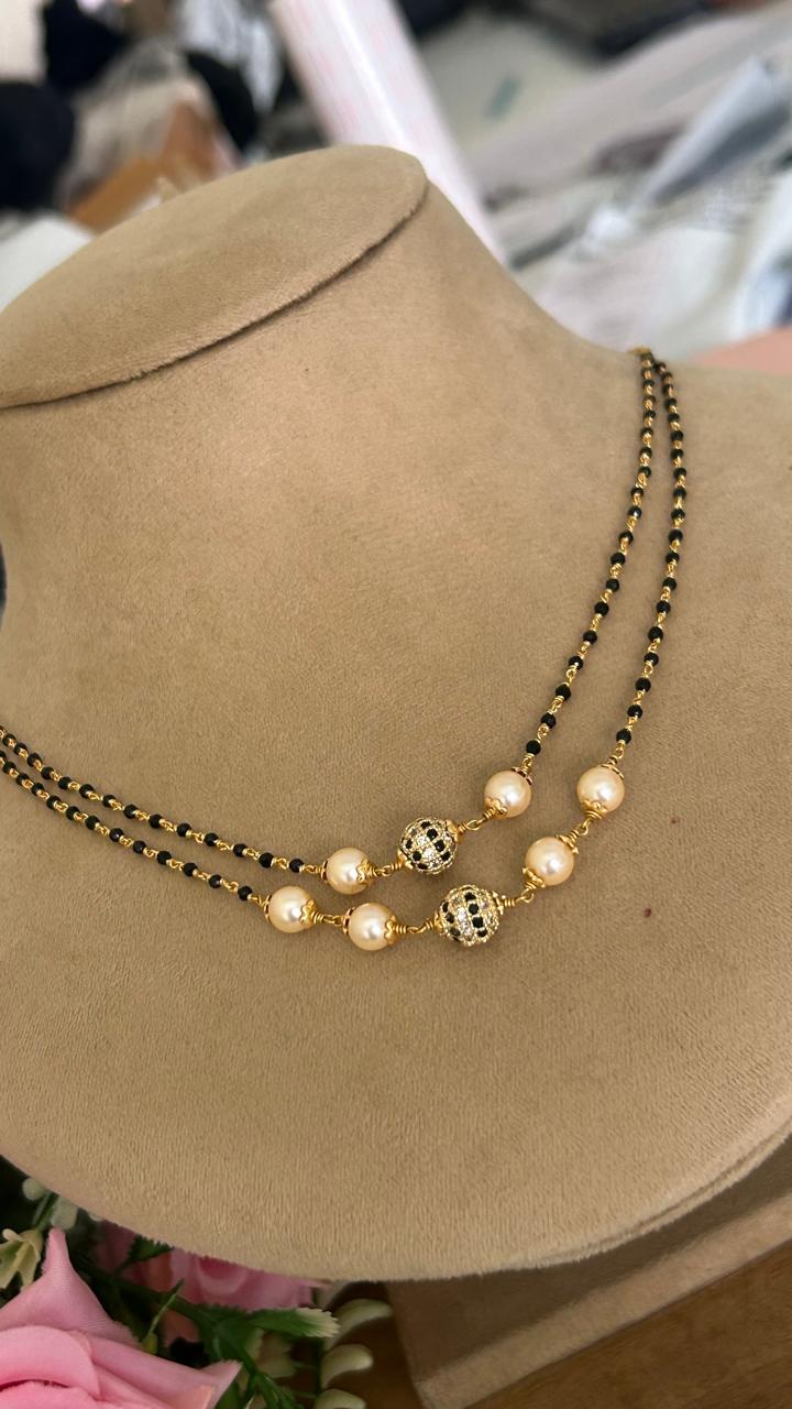 2-Line Black Beads Mangalsutra Style Chain with Golden Pearl Beads