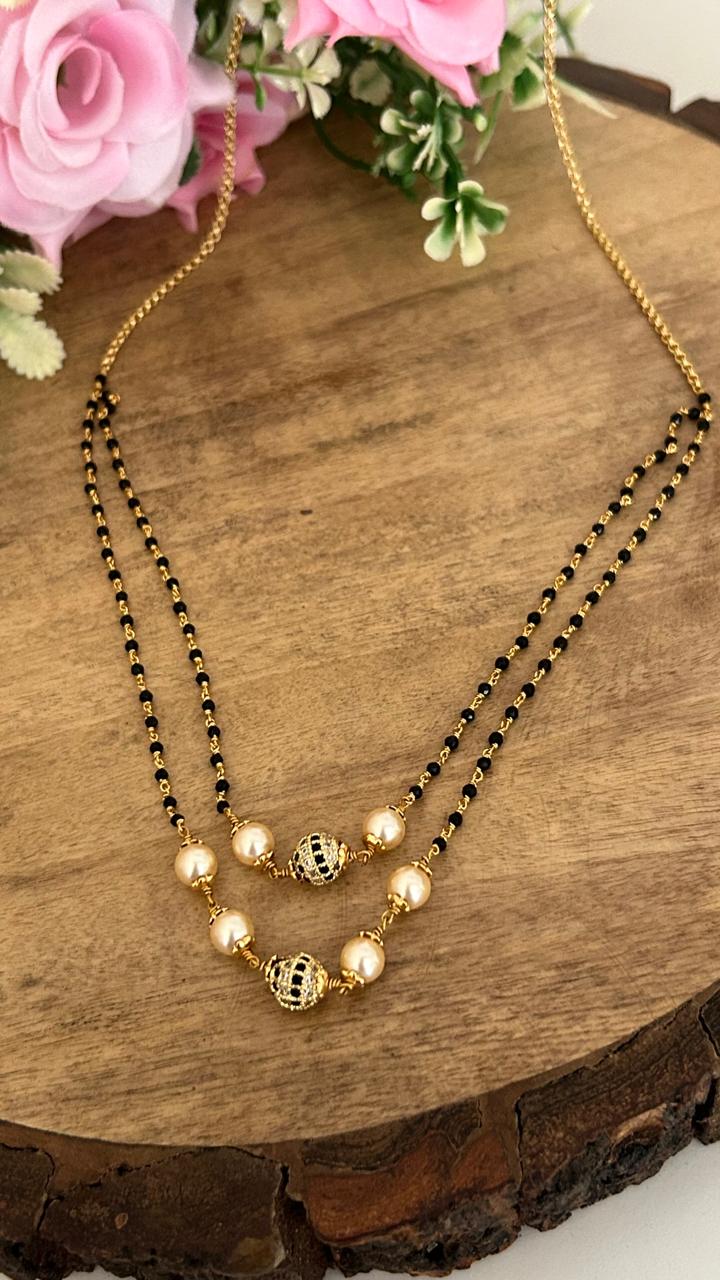 2-Line Black Beads Mangalsutra Style Chain with Golden Pearl Beads