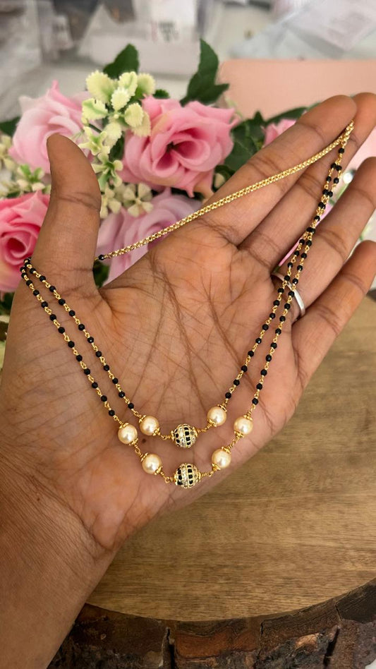 2-Line Black Beads Mangalsutra Style Chain with Golden Pearl Beads