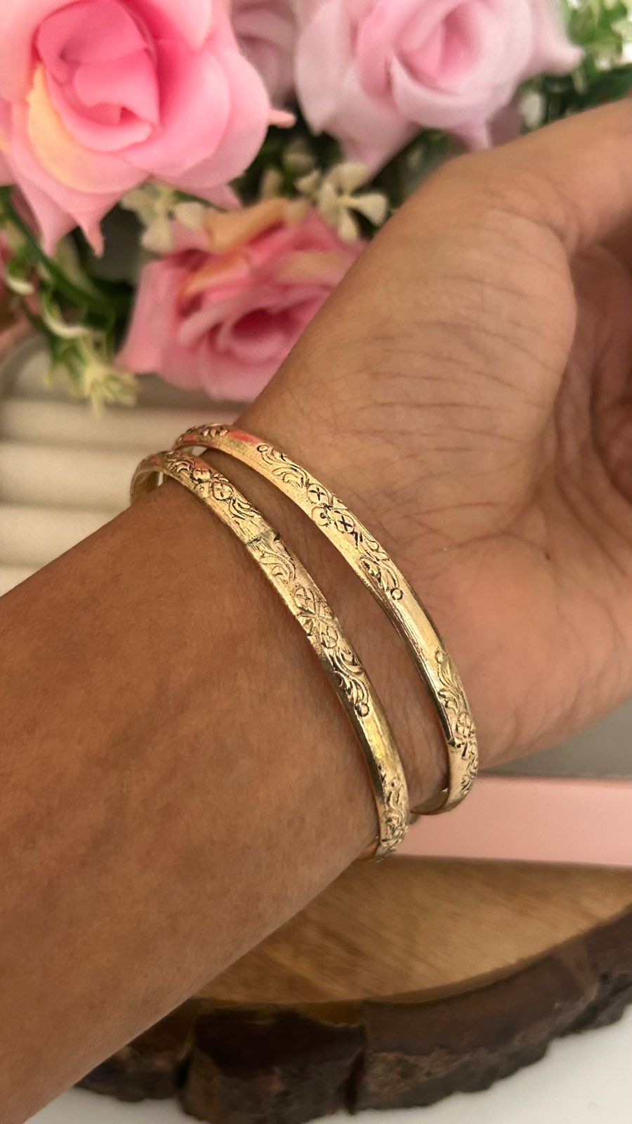 Handcrafted Panchaloham Unpolished Bangles with Floral Engraving – Pair