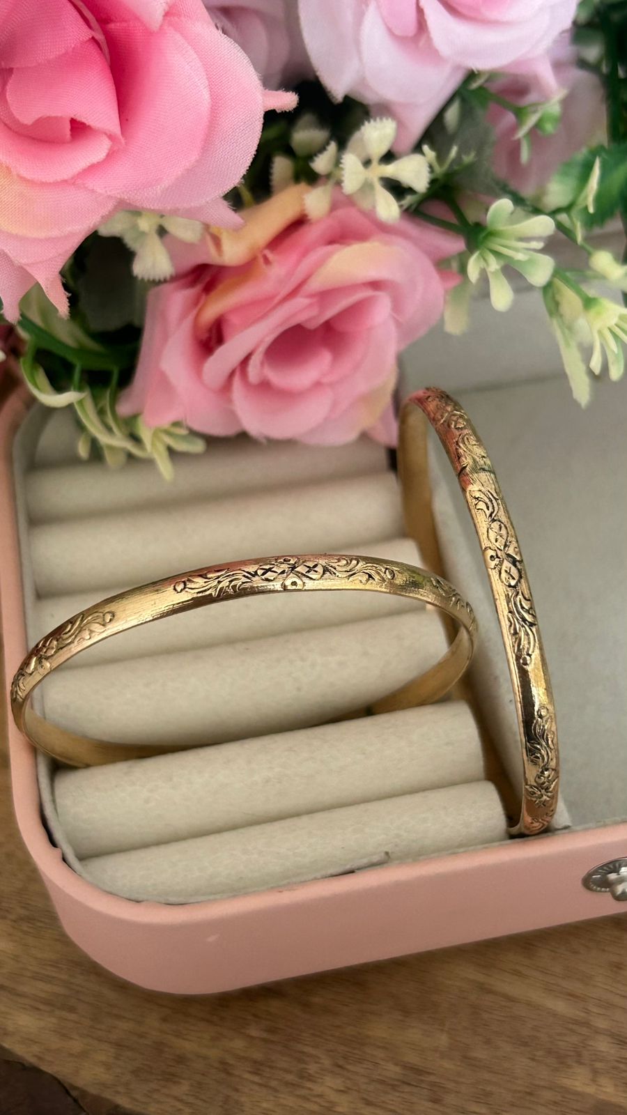 Handcrafted Panchaloham Unpolished Bangles with Floral Engraving – Pair