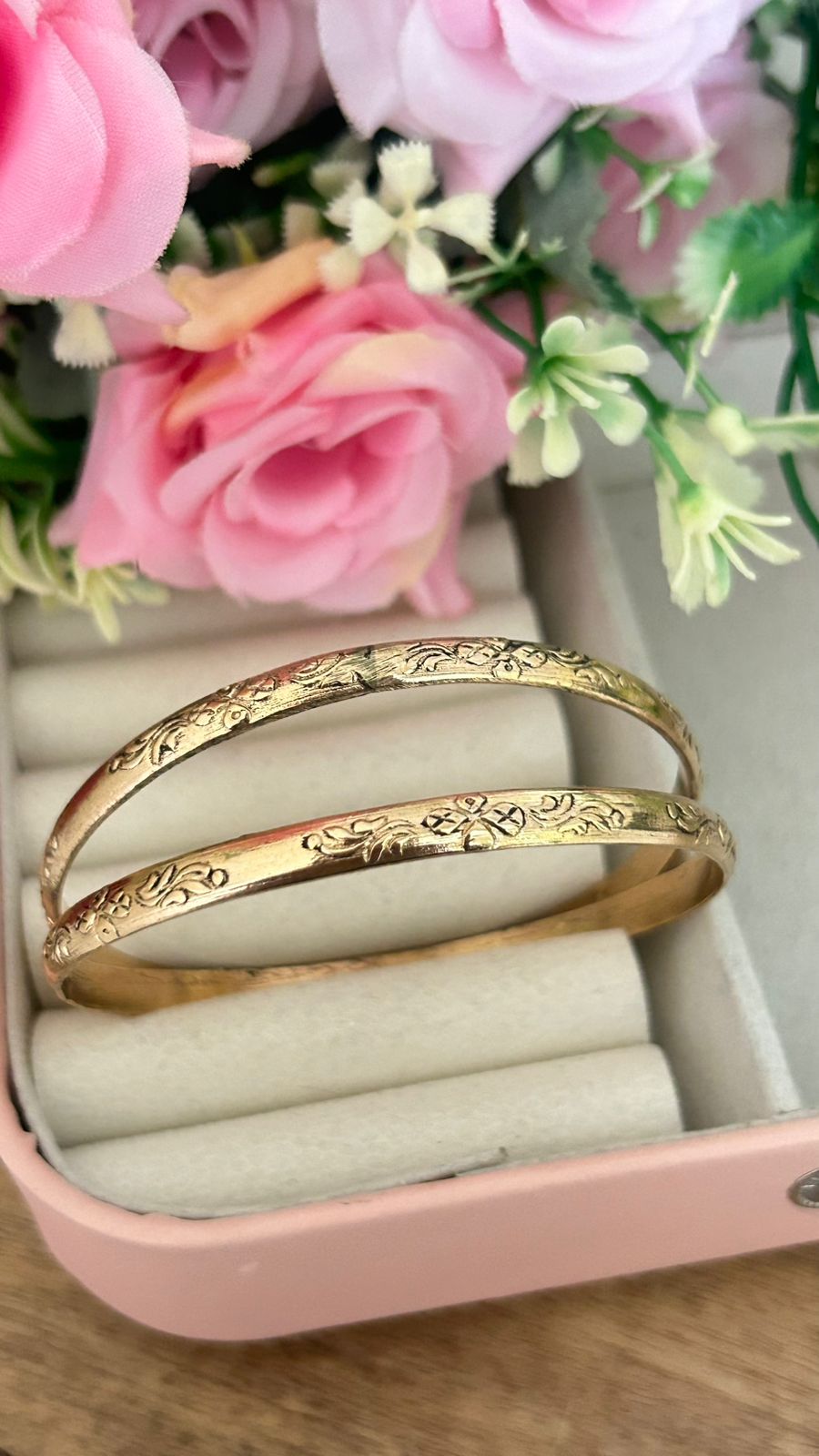 Handcrafted Panchaloham Unpolished Bangles with Floral Engraving – Pair