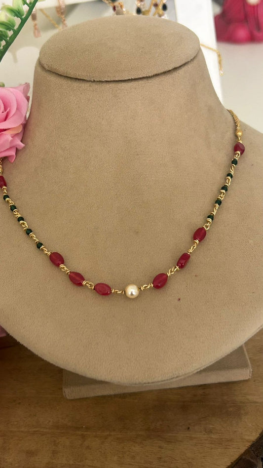 Classic Panchaloham Chain with Red & Green Stone Beads in 20 inches unpolished