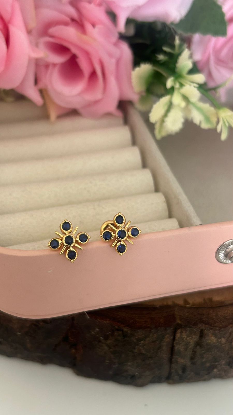 Elegant Panchaloham Stud Earrings with Crystal Accents in navy bue in medium size