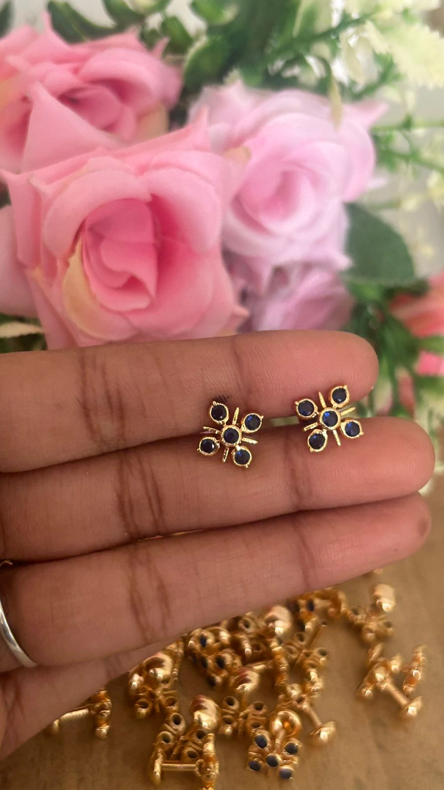 Elegant Panchaloham Stud Earrings with Crystal Accents in navy bue in medium size