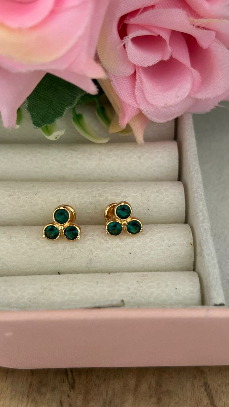 Polished Panchaloham Triple-Stone  GreenStud Earrings – Medium Size
