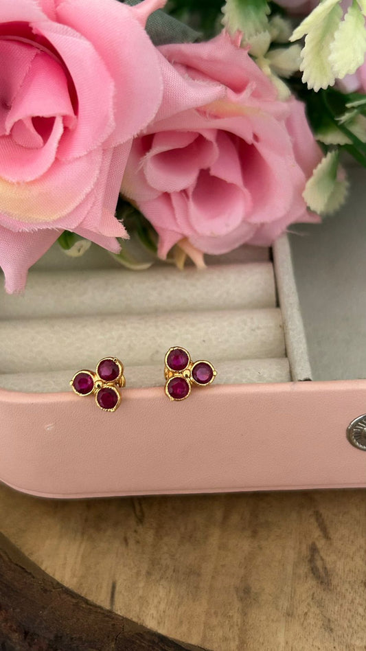 Polished Panchaloham Triple-Stone  Red( pinkish shade) Stud Earrings – Medium Size