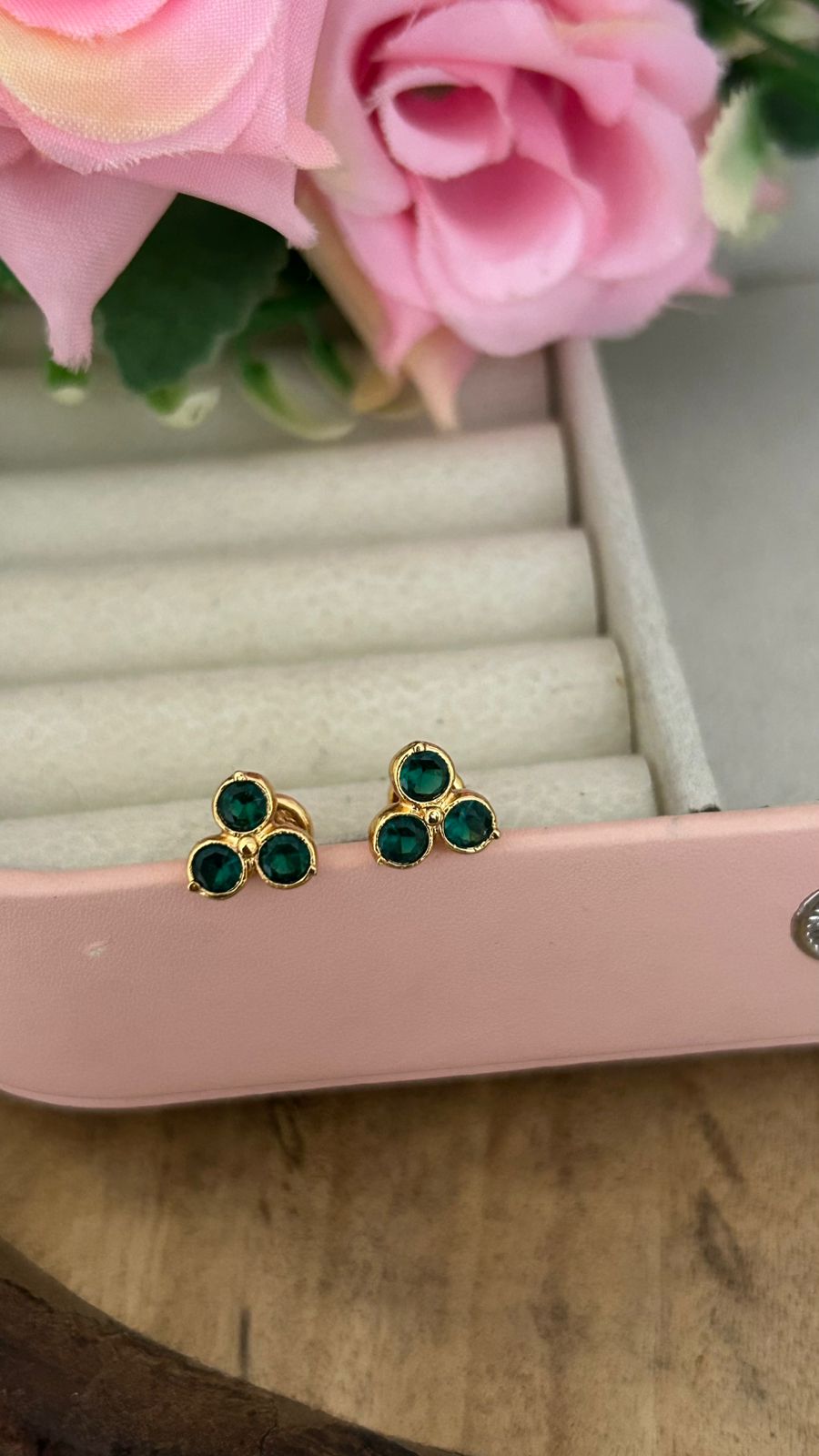 Polished Panchaloham Triple-Stone  GreenStud Earrings – Medium Size