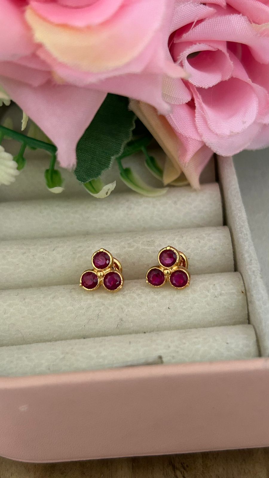 Polished Panchaloham Triple-Stone  Red( pinkish shade) Stud Earrings – Medium Size