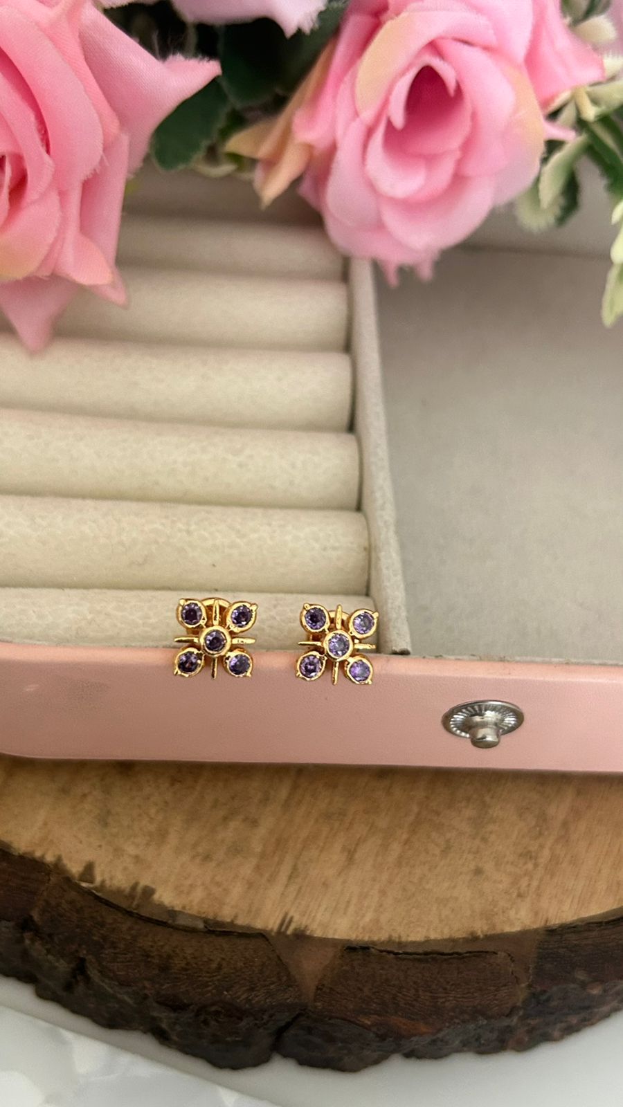 Elegant Panchaloham Stud Earrings with Crystal Accents in purple in medium size