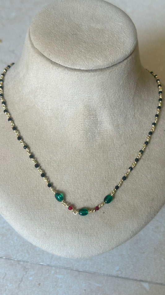 Handcrafted Panchaloham Black Beads Necklace with Green & Red Stones in 20 inches