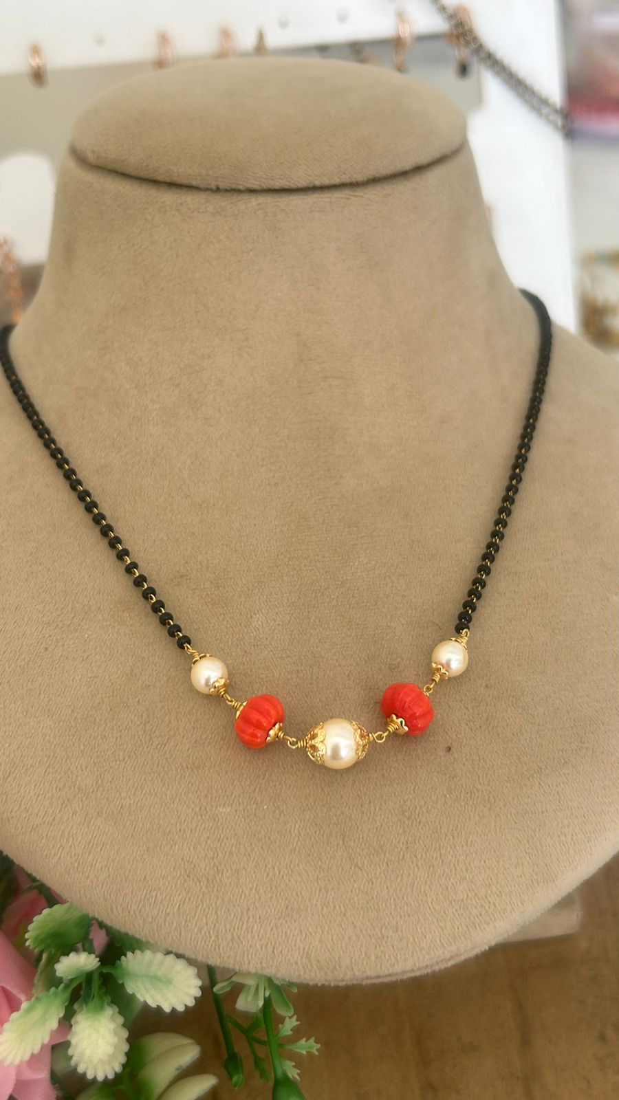 Handcrafted Black Beads chain with Coral and swaroski Beads