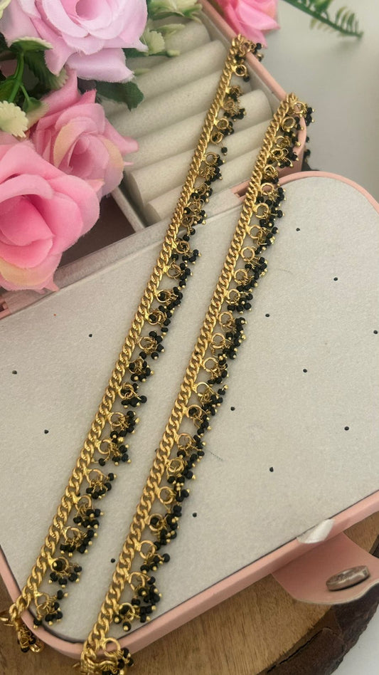 Classic Panchaloham Black Beads Anklets for Daily & Festive Wear in 10 n half inch