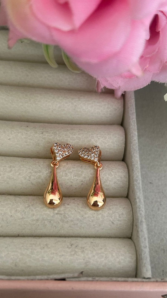 Heart Stud CZ Earrings with Glossy Teardrop Pendant