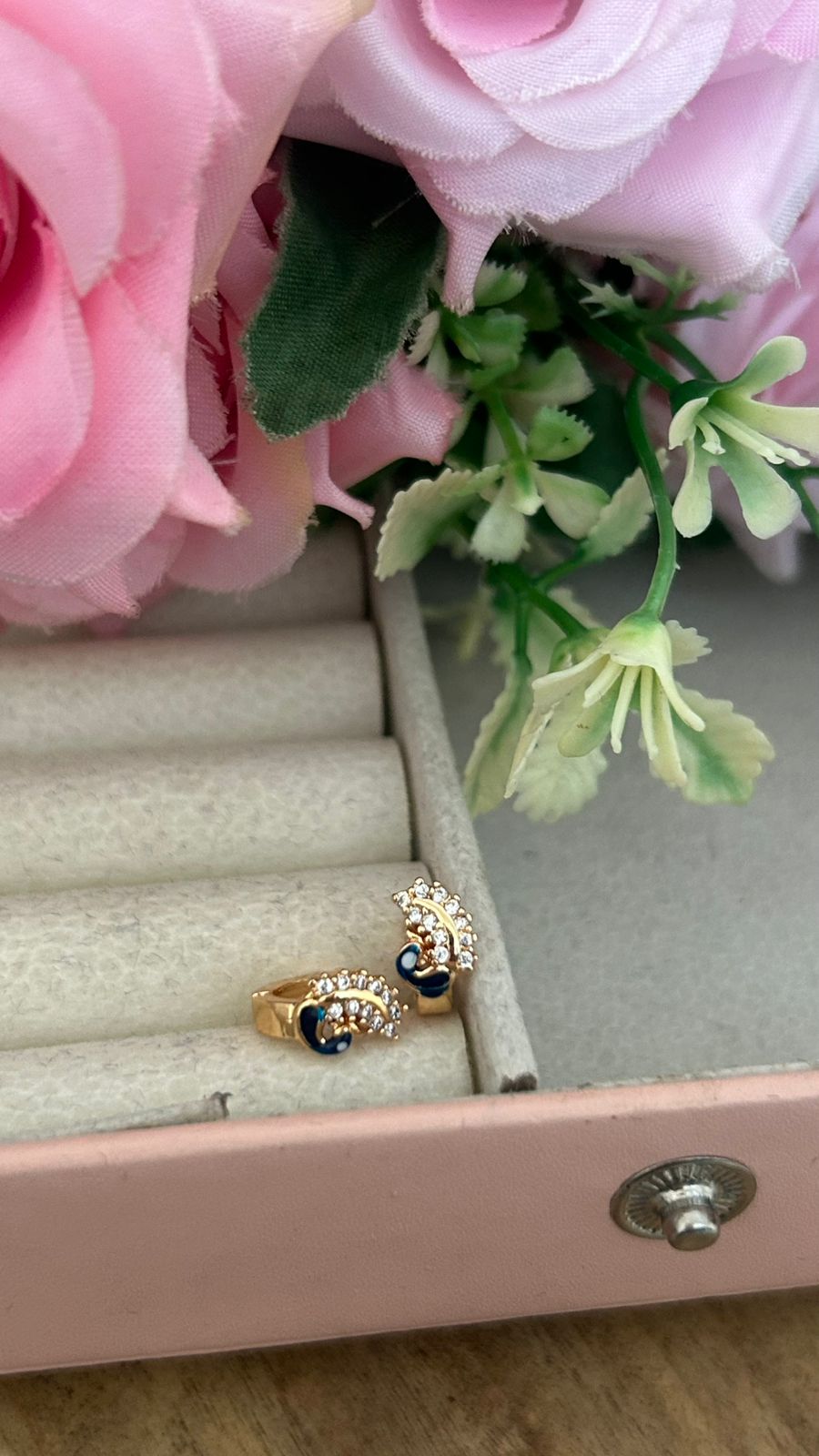 CZ Bali Earrings with Blue  peacock Enamel Curve – small size