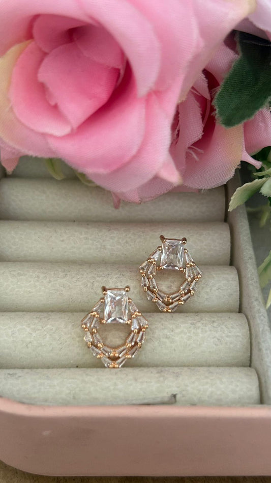 Designer Emerald Cut CZ Stud Earrings with Geometric Halo with Push Back