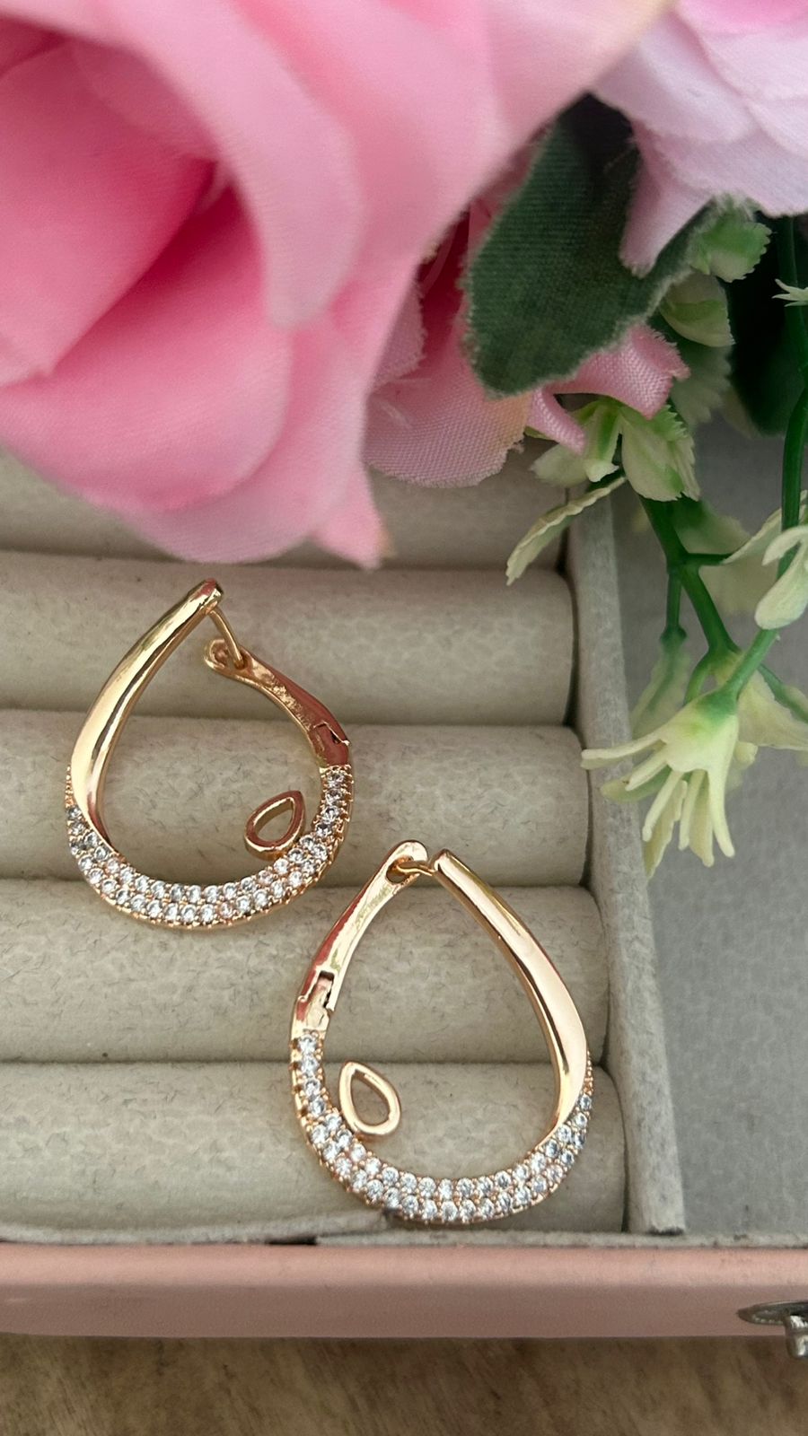 Gold Plated CZ Half-Studded Bali Hoop Earrings for Women