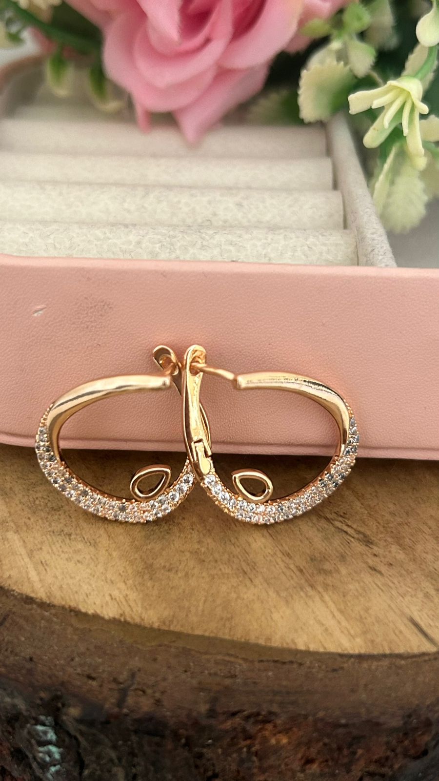 Gold Plated CZ Half-Studded Bali Hoop Earrings for Women