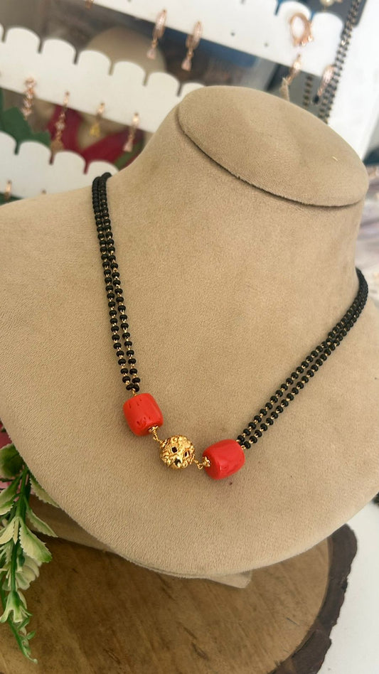 Black Beads Necklace with Coral Beads & Gold Ball Traditional Mangalsutra Design