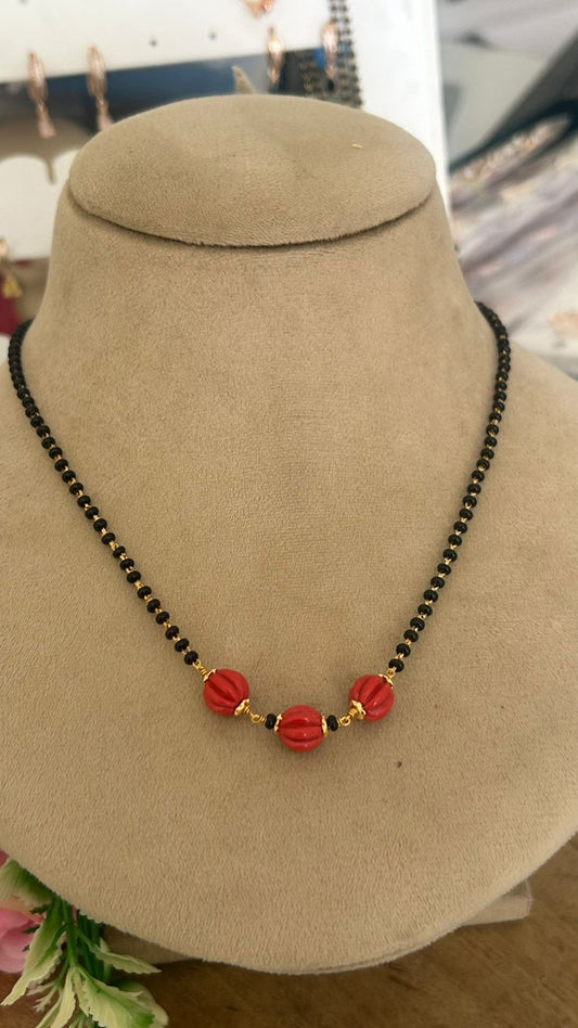 Black Beads Necklace with Coral Beads – Traditional Mangalsutra Design