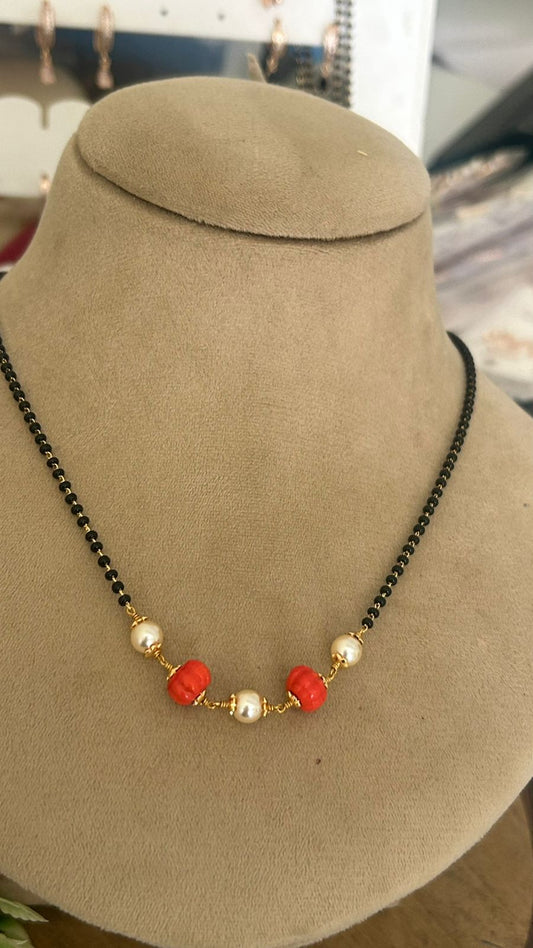 Single Line Black Beads Necklace with Coral Beads & Swarovski Pearls